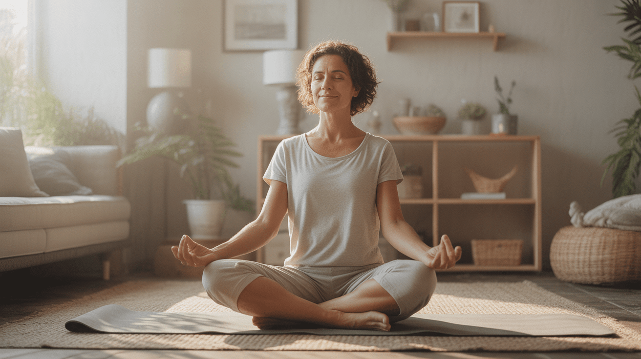 Femme pratiquant une séance de yoga de relaxation dans un salon lumineux et naturel, ambiance chaleureuse et réaliste.
