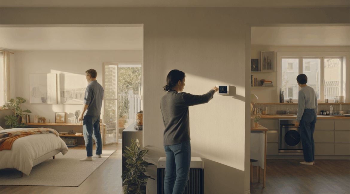 Intérieur réaliste d’une maison moderne montrant plusieurs pièces avec des signes subtils de confort thermique, incluant un thermostat ajusté et une atmosphère chaleureuse et naturelle.