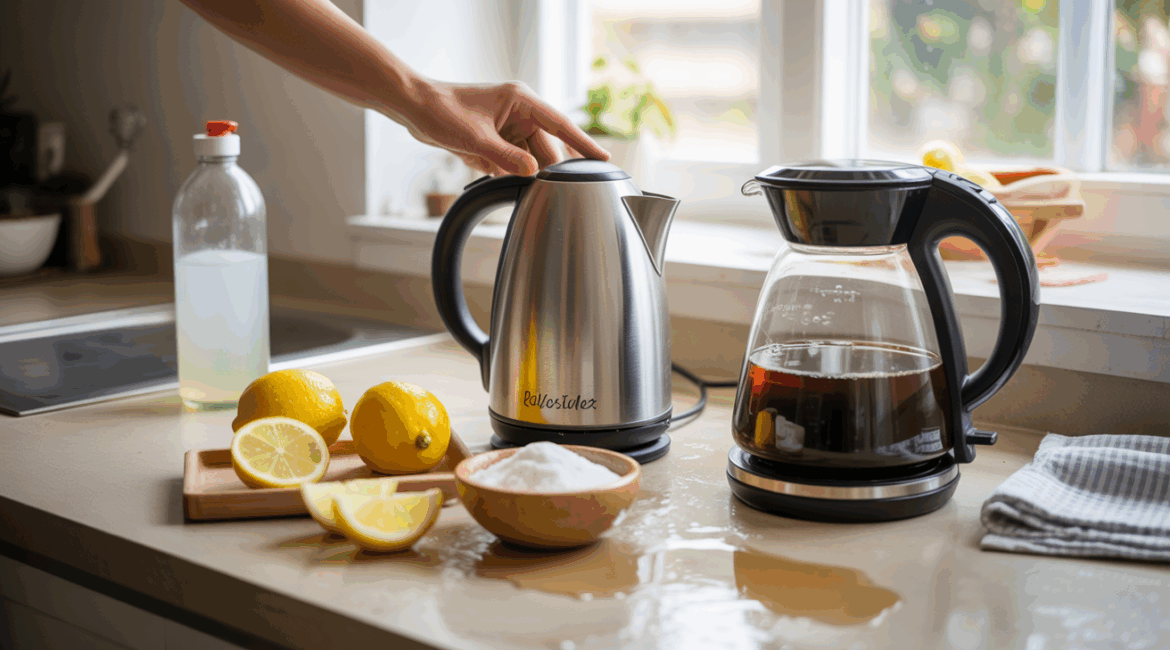 Scène de cuisine réaliste montrant une bouilloire et une cafetière avec des ingrédients naturels pour les détartrer.
