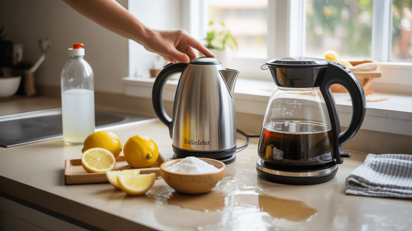 Scène de cuisine réaliste montrant une bouilloire et une cafetière avec des ingrédients naturels pour les détartrer.