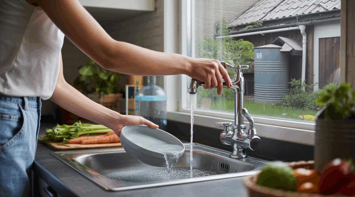 Scène réaliste montrant des gestes concrets pour réduire la consommation d'eau dans une maison moderne, avec collecte d'eau et utilisation responsable.