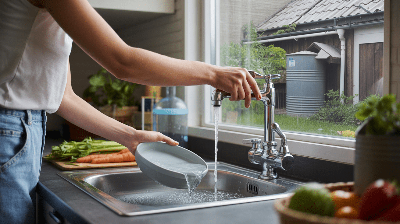 Scène réaliste montrant des gestes concrets pour réduire la consommation d'eau dans une maison moderne, avec collecte d'eau et utilisation responsable.