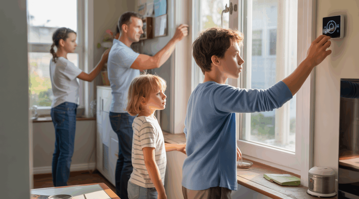 Famille dans une maison réaliste effectuant des gestes simples pour réduire la consommation électrique, avec lumière naturelle et détails authentiques.
