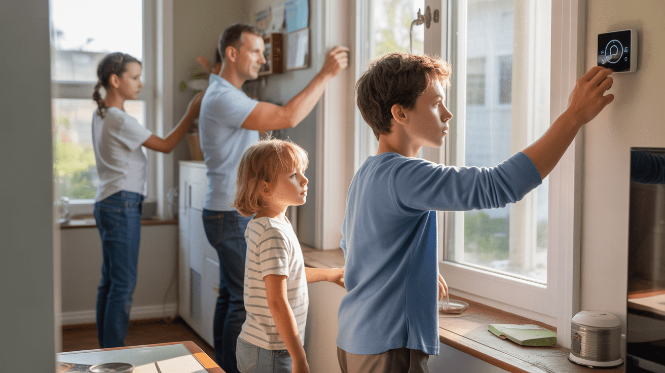 Famille dans une maison réaliste effectuant des gestes simples pour réduire la consommation électrique, avec lumière naturelle et détails authentiques.