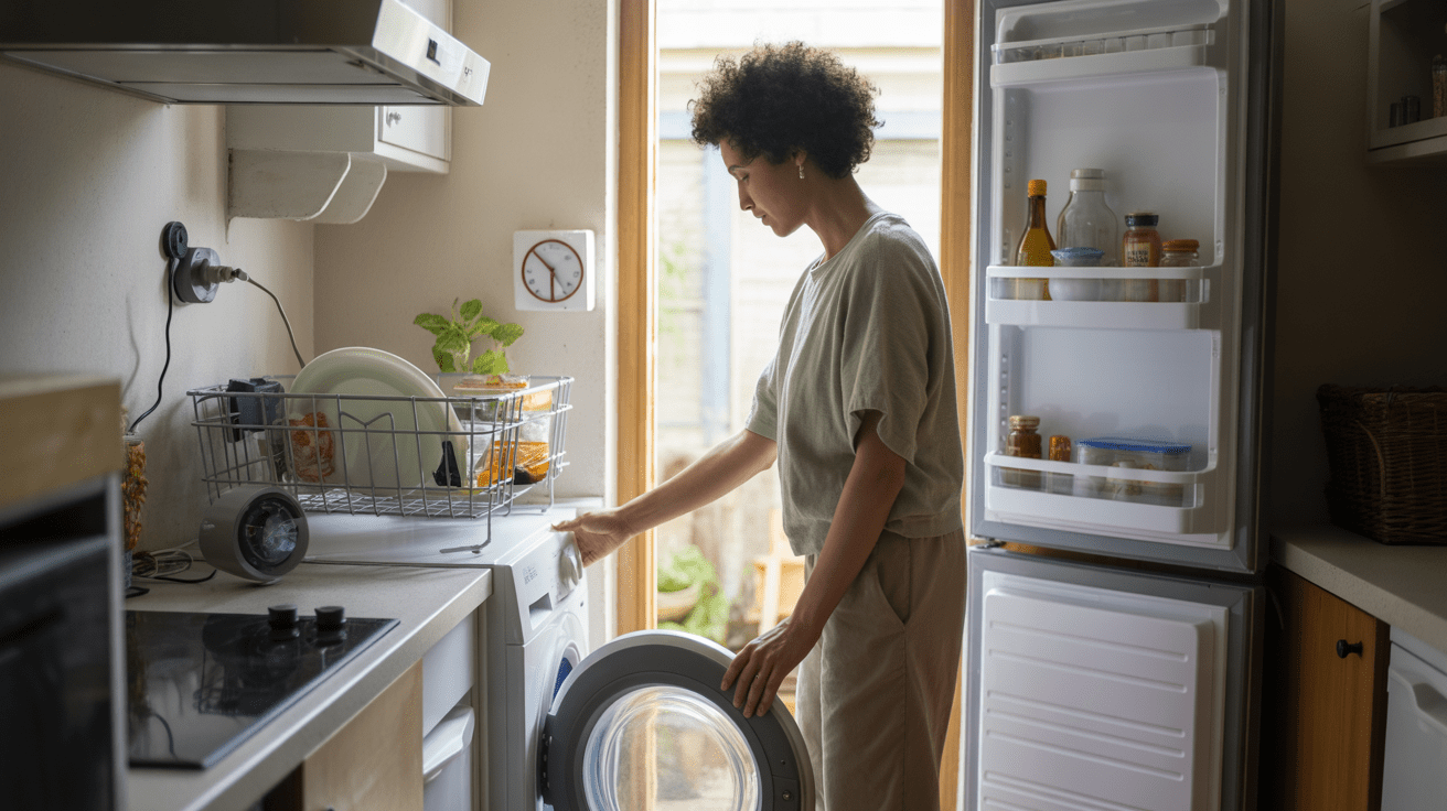 Scène de cuisine moderne et réaliste montrant une personne adoptant de bons gestes pour réduire la consommation d’énergie des appareils électroménagers.