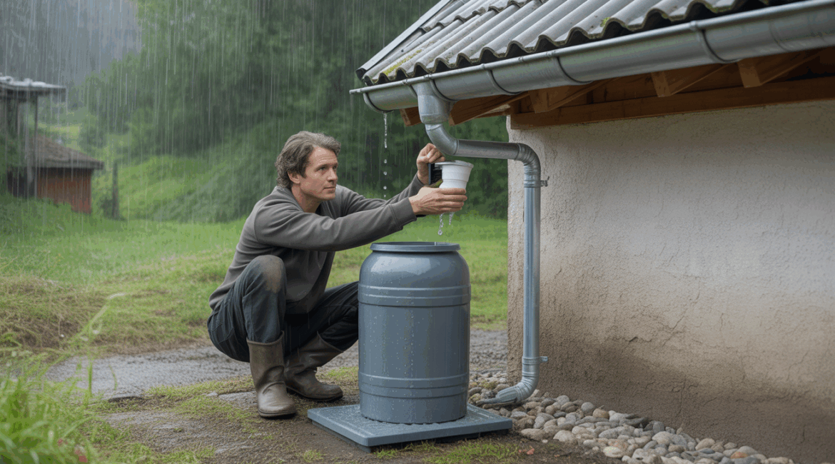 Scène réaliste d’une personne installant un récupérateur d’eau de pluie à côté d’une maison, avec gouttière, baril et jardin naturel.