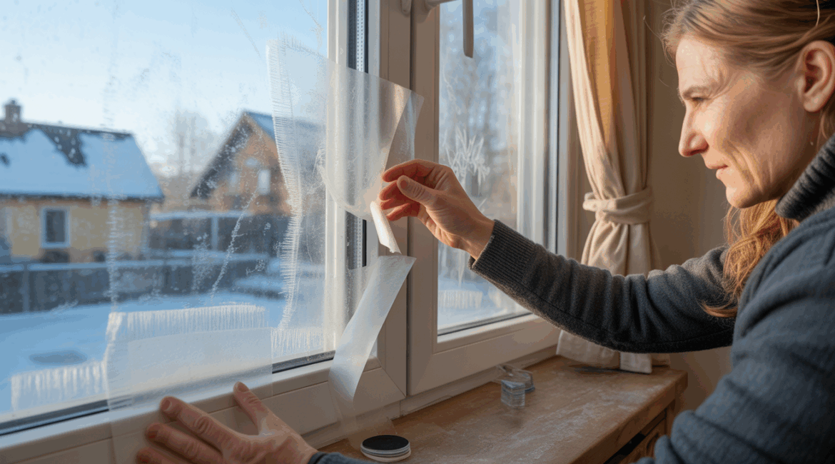 Personne installant un film isolant transparent sur une fenêtre givrée en hiver avec lumière naturelle et intérieur chaleureux.