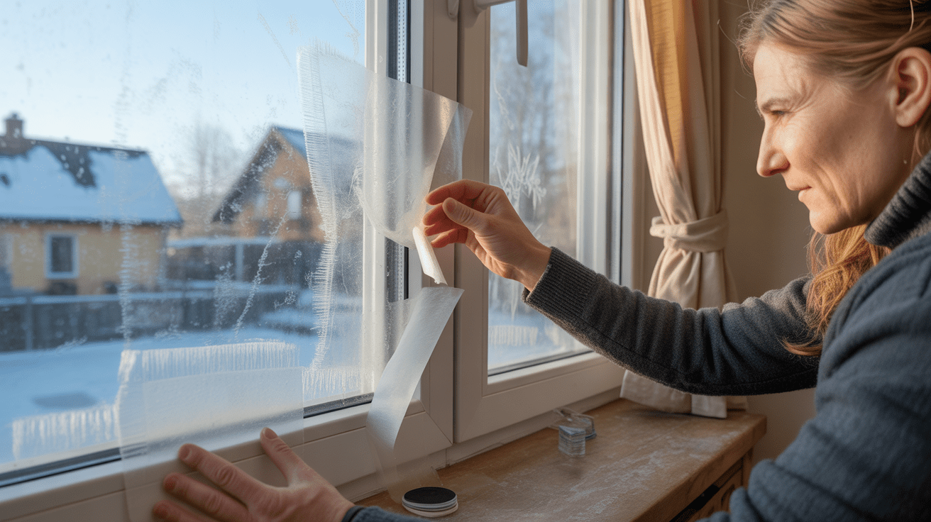 Personne installant un film isolant transparent sur une fenêtre givrée en hiver avec lumière naturelle et intérieur chaleureux.