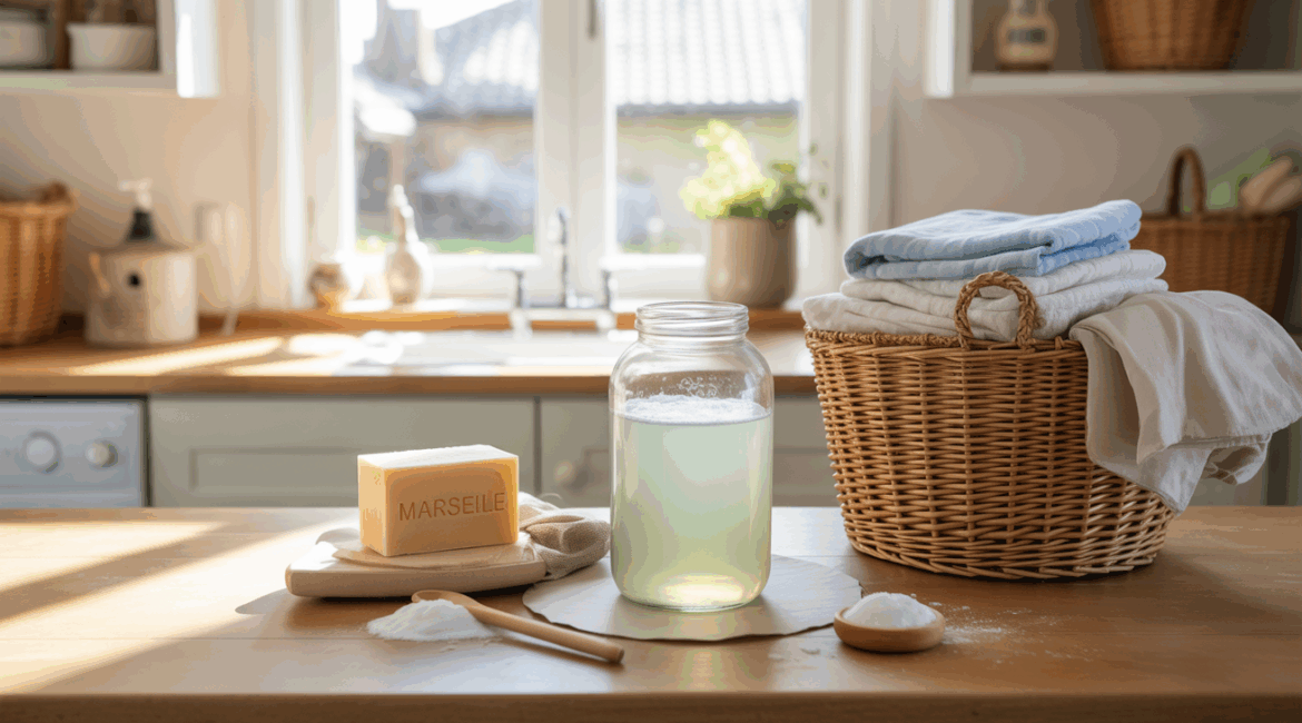 Photo réaliste d’une cuisine ou buanderie avec un bocal de lessive maison et des ingrédients naturels sur un plan de travail en bois, lumière naturelle et ambiance authentique.