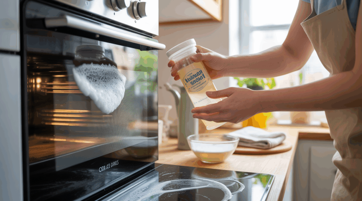 Cuisine réaliste avec un four moderne nettoyé naturellement grâce à un mélange bicarbonate et vinaigre, ambiance authentique et lumineuse.