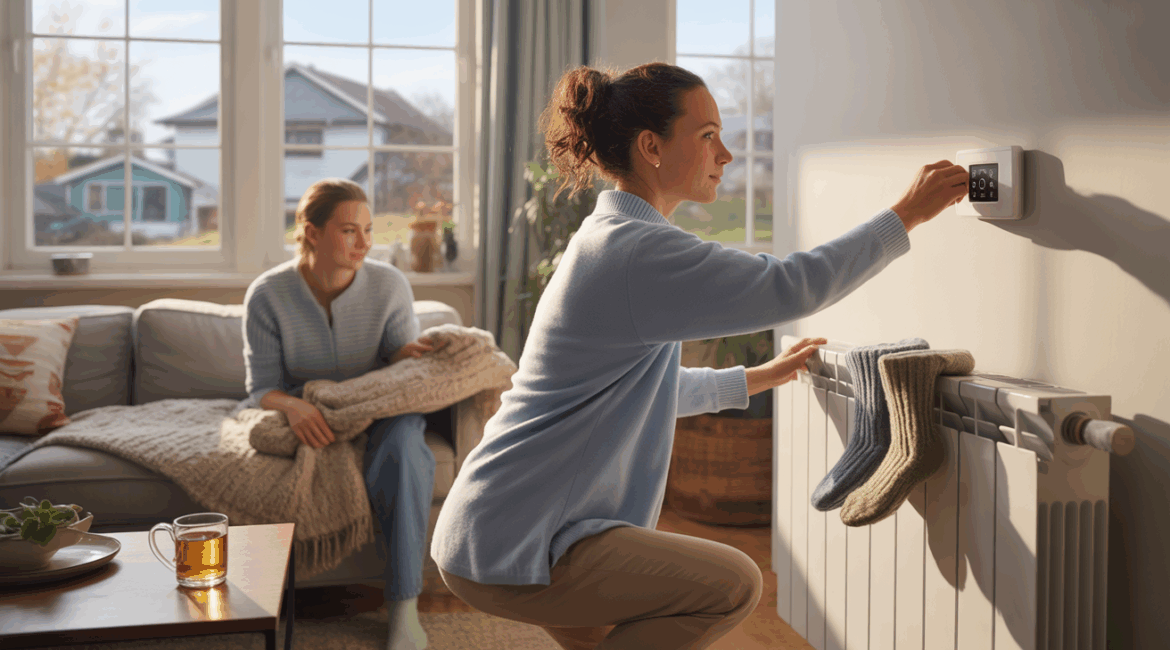 Personne ajustant un thermostat dans un salon chaleureux et réaliste, illustrant des astuces pour réduire la facture de chauffage sans avoir froid.