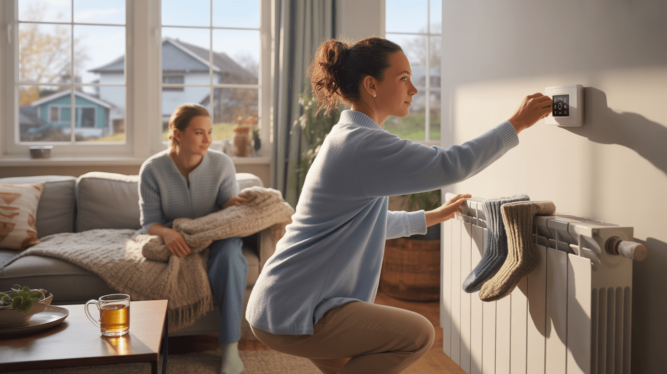 Personne ajustant un thermostat dans un salon chaleureux et réaliste, illustrant des astuces pour réduire la facture de chauffage sans avoir froid.
