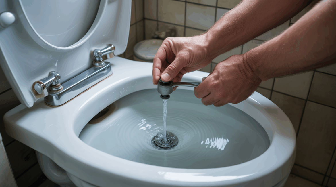 Scène réaliste montrant une personne ajustant le mécanisme d'une chasse d'eau qui fuit dans une salle de bain naturelle et authentique.