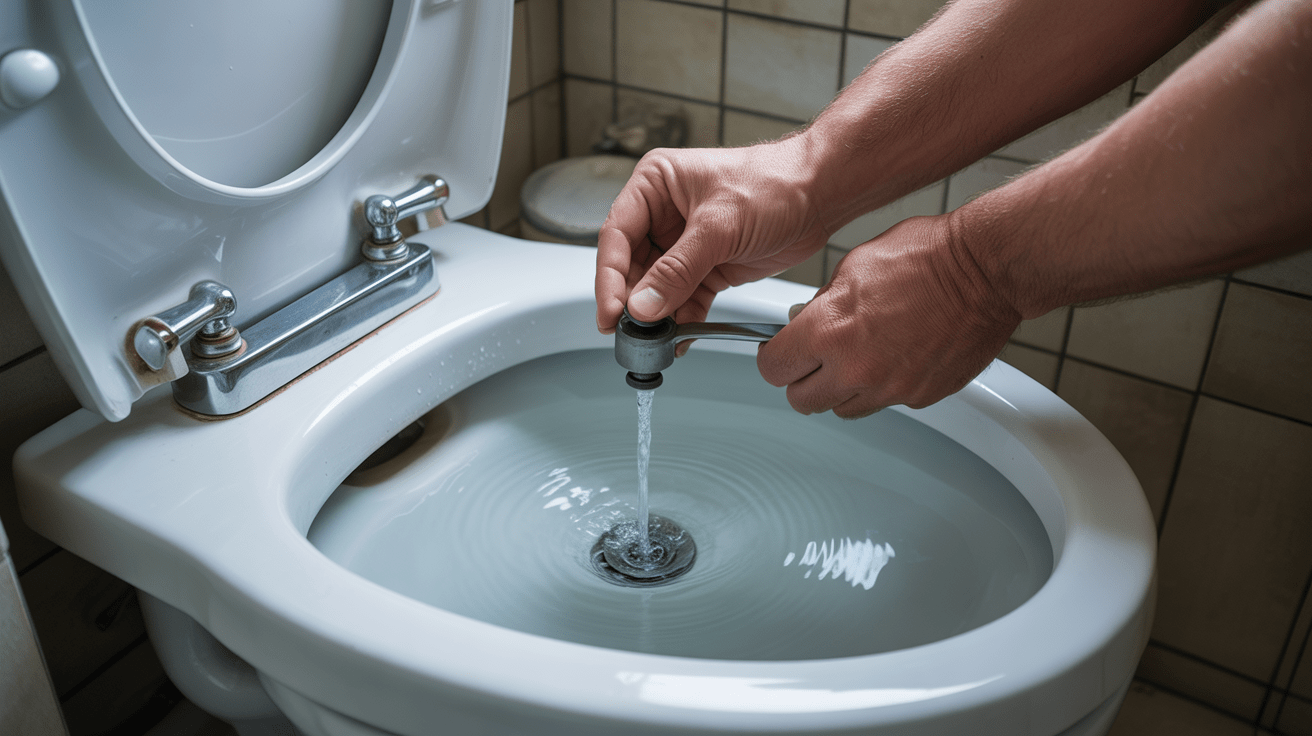 Scène réaliste montrant une personne ajustant le mécanisme d'une chasse d'eau qui fuit dans une salle de bain naturelle et authentique.