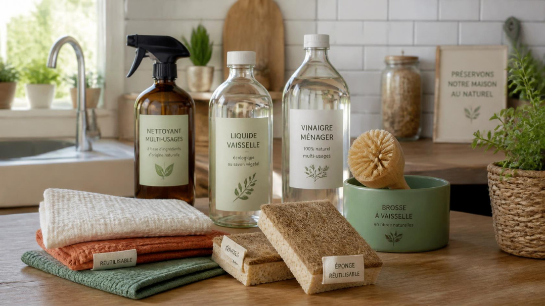 Produits ménagers écologiques et éponges réutilisables dans une cuisine